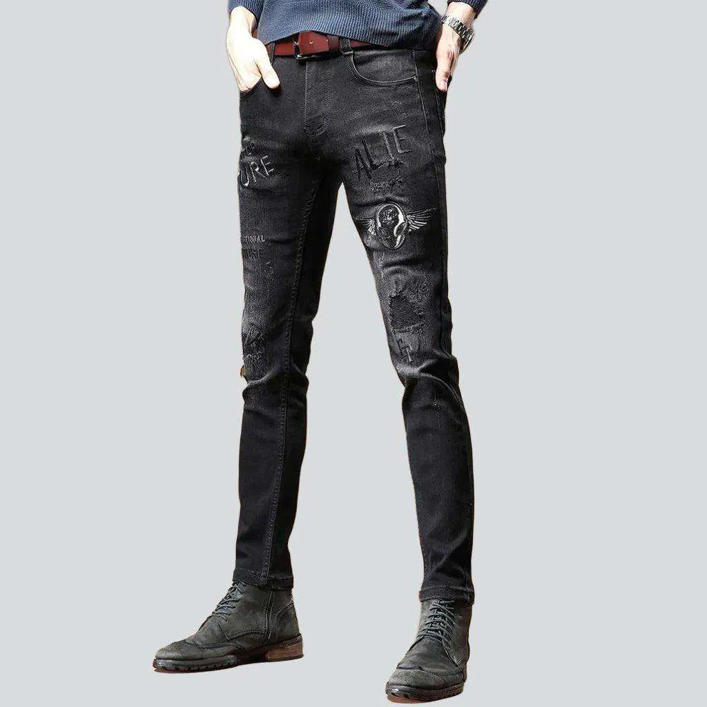 Black embroidery skinny men jeans
