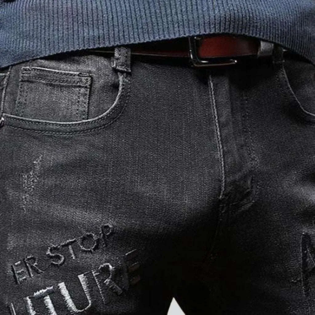 Black embroidery skinny men jeans