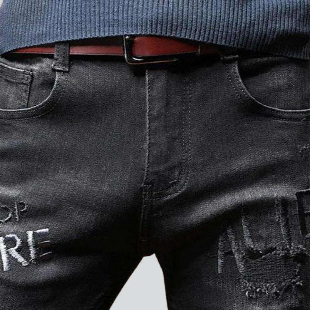 Black embroidery skinny men jeans