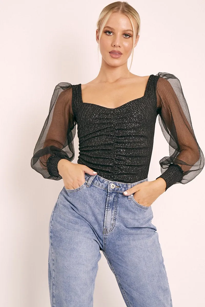 Black Ruched Metallic Puff Sleeve Bodysuit - Elvie