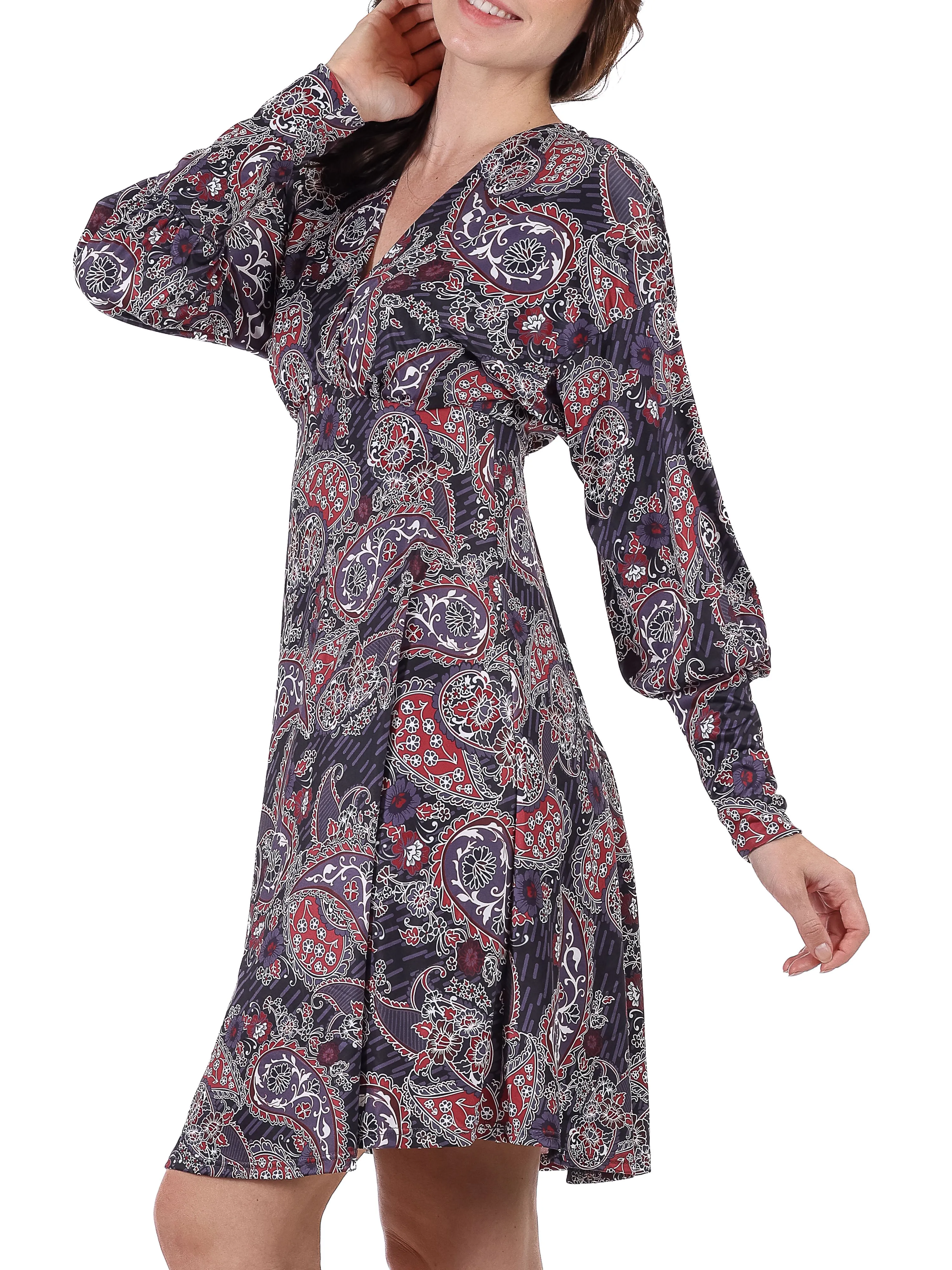 Grey Paisley Dolman Long Sleeve Cocktail Dress