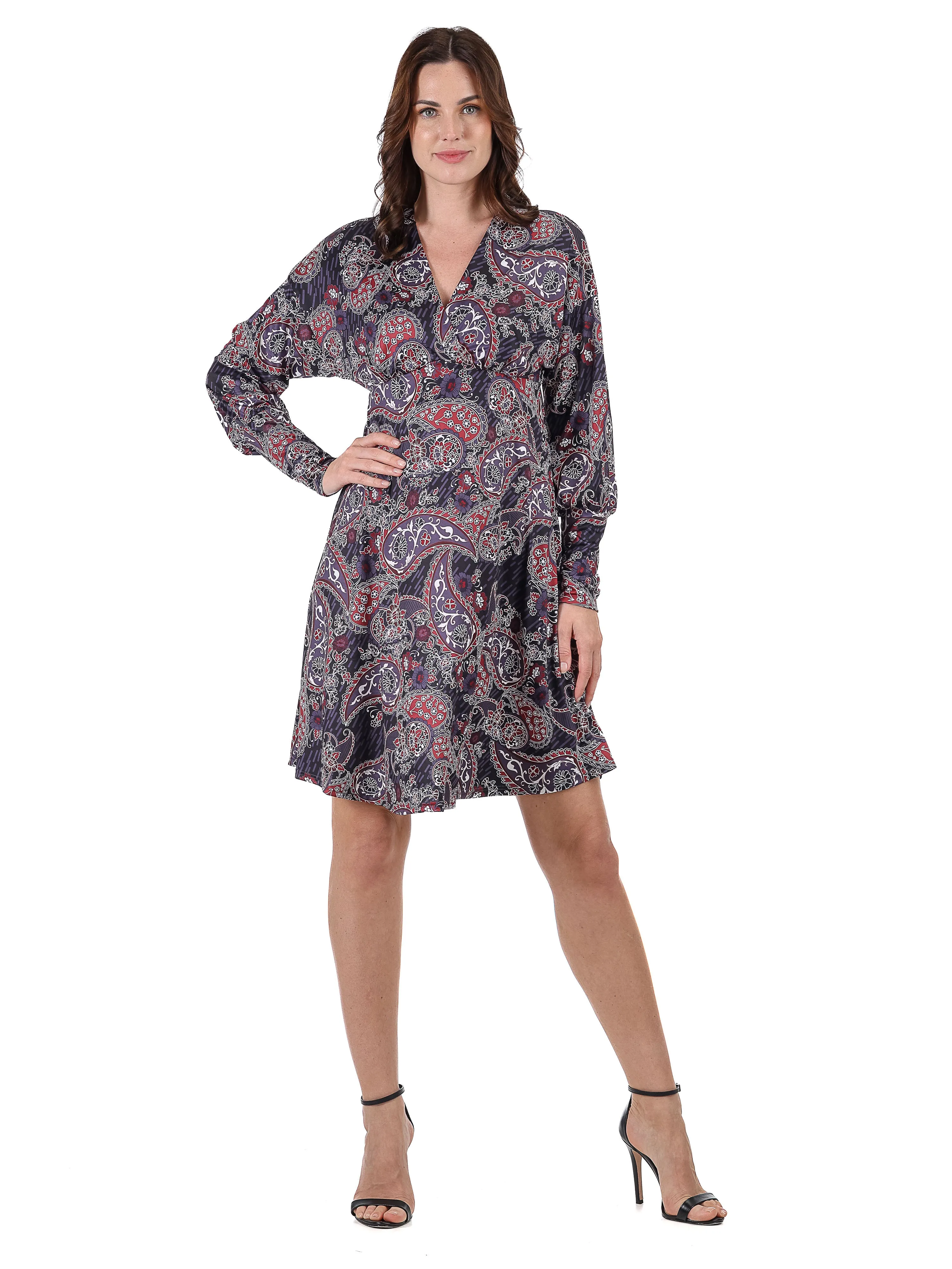 Grey Paisley Dolman Long Sleeve Cocktail Dress