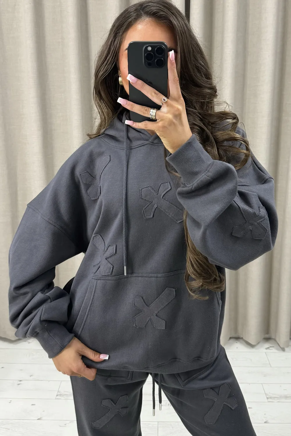 Keely Charcoal Cross Detail Oversized Hoodie and Joggers Tracksuit Set