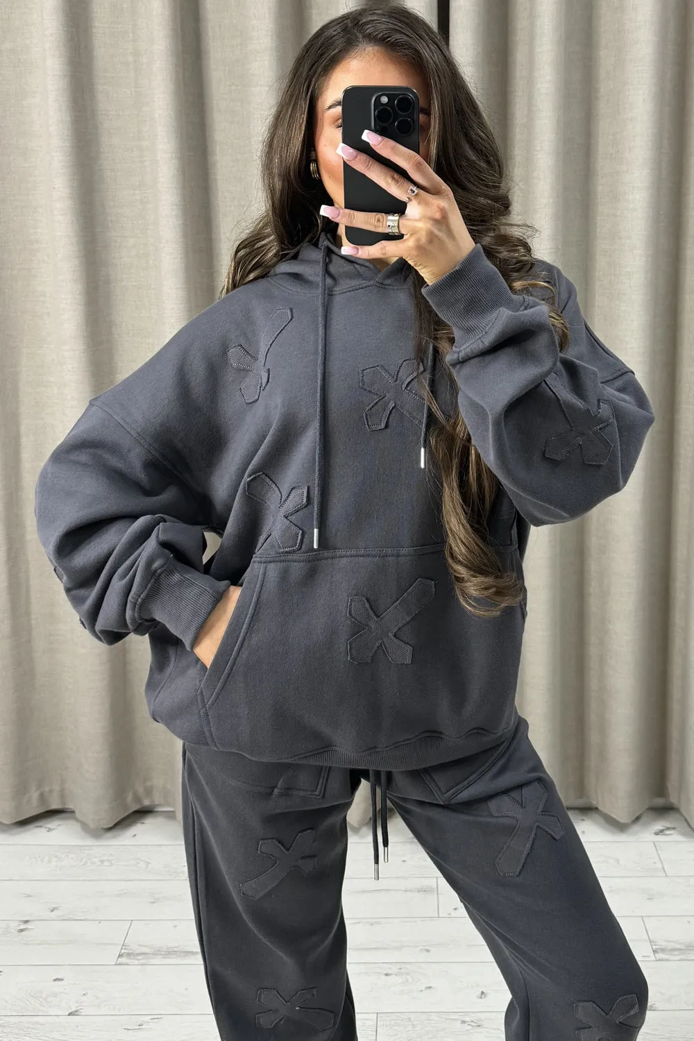 Keely Charcoal Cross Detail Oversized Hoodie and Joggers Tracksuit Set