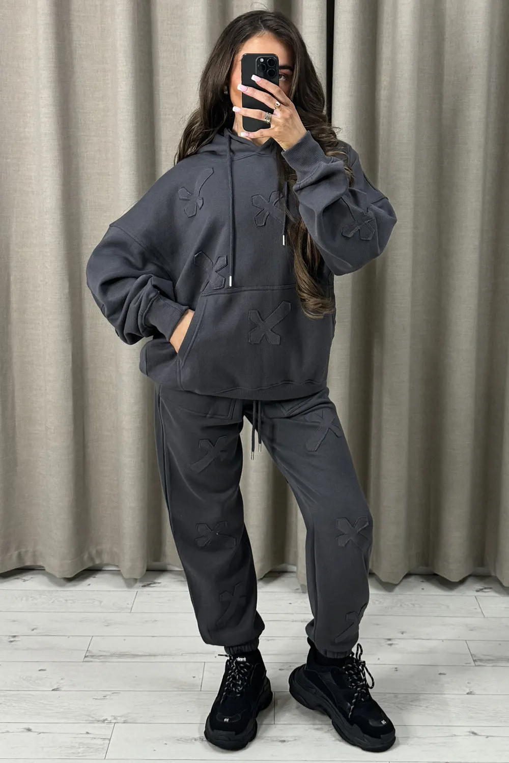 Keely Charcoal Cross Detail Oversized Hoodie and Joggers Tracksuit Set