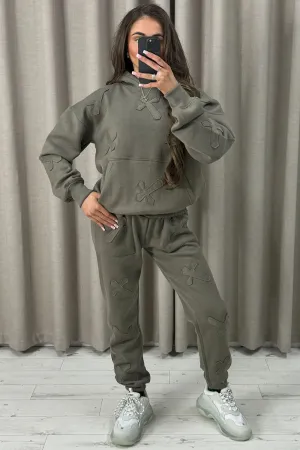 Keely Khaki Cross Detail Oversized Hoodie and Joggers Tracksuit Set