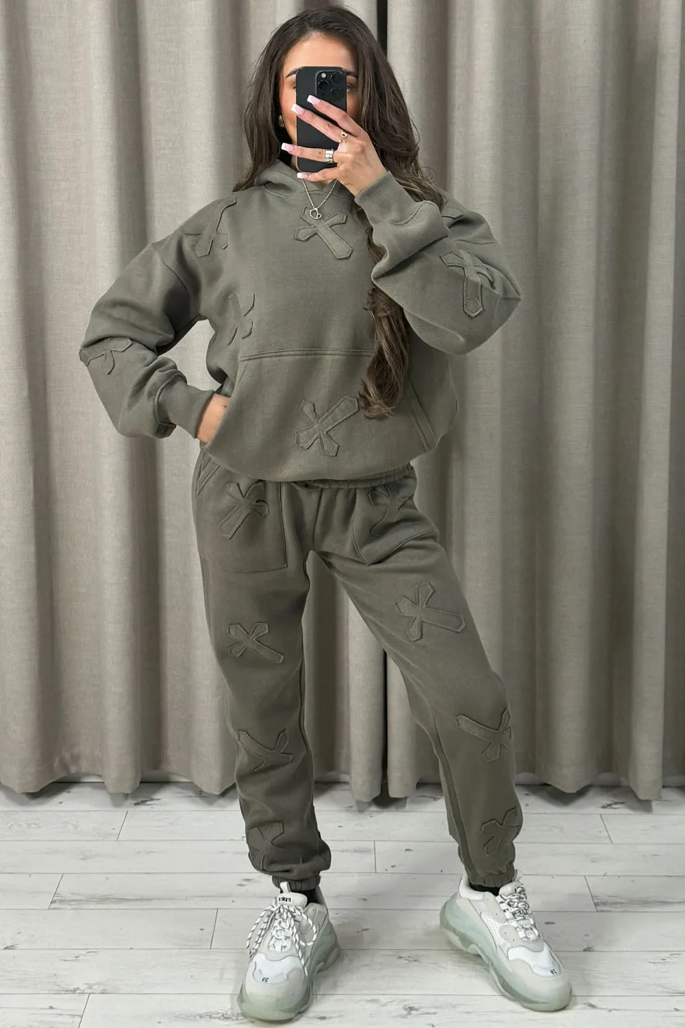 Keely Khaki Cross Detail Oversized Hoodie and Joggers Tracksuit Set