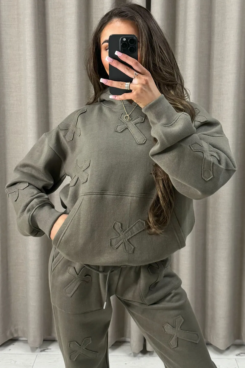 Keely Khaki Cross Detail Oversized Hoodie and Joggers Tracksuit Set