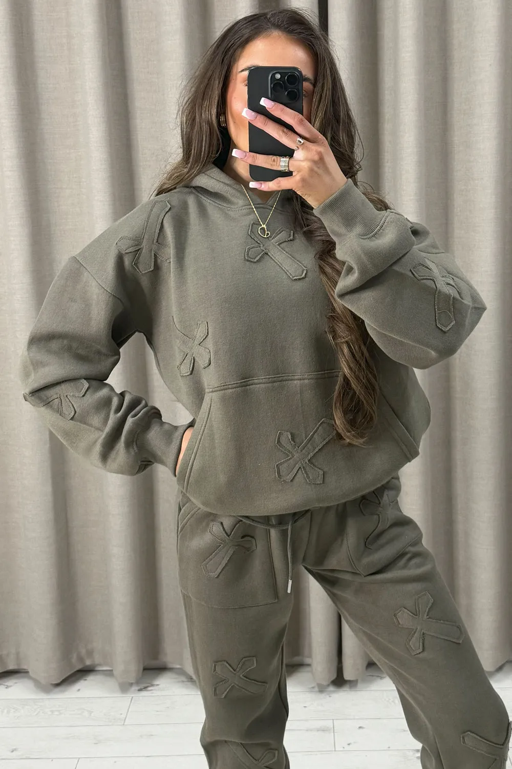 Keely Khaki Cross Detail Oversized Hoodie and Joggers Tracksuit Set