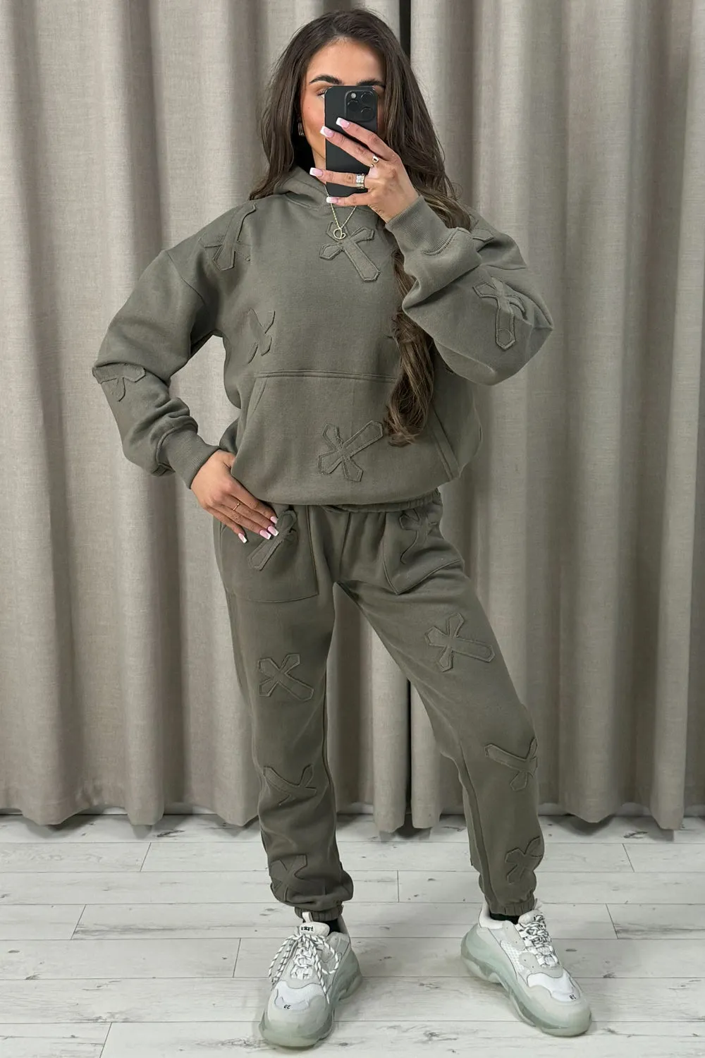 Keely Khaki Cross Detail Oversized Hoodie and Joggers Tracksuit Set