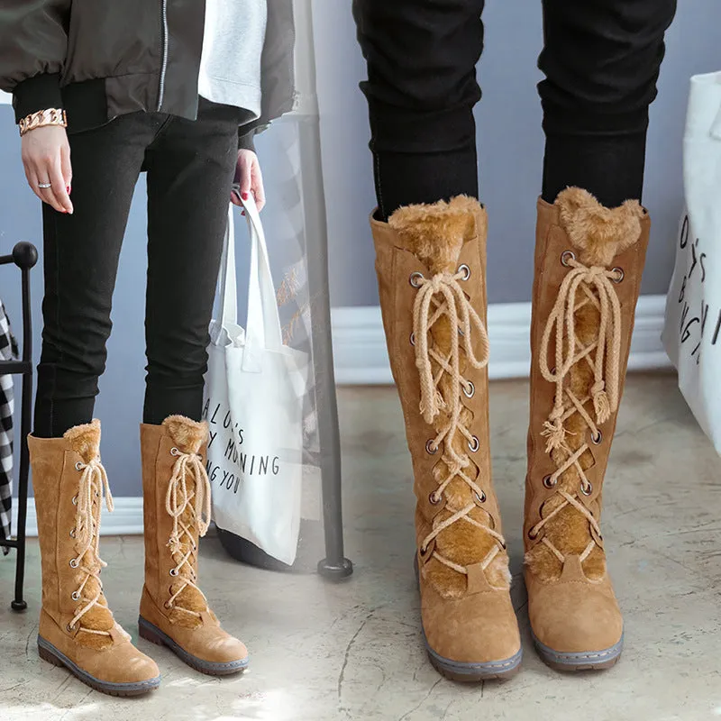 Large Size Stitching Mid Calf Comfortable Lace Up Zipper Winter Knight Boots