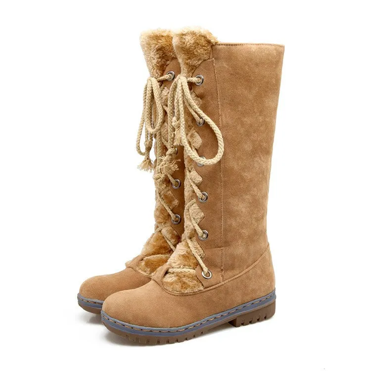 Large Size Stitching Mid Calf Comfortable Lace Up Zipper Winter Knight Boots