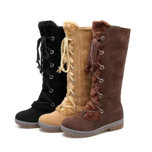 Large Size Stitching Mid Calf Comfortable Lace Up Zipper Winter Knight Boots
