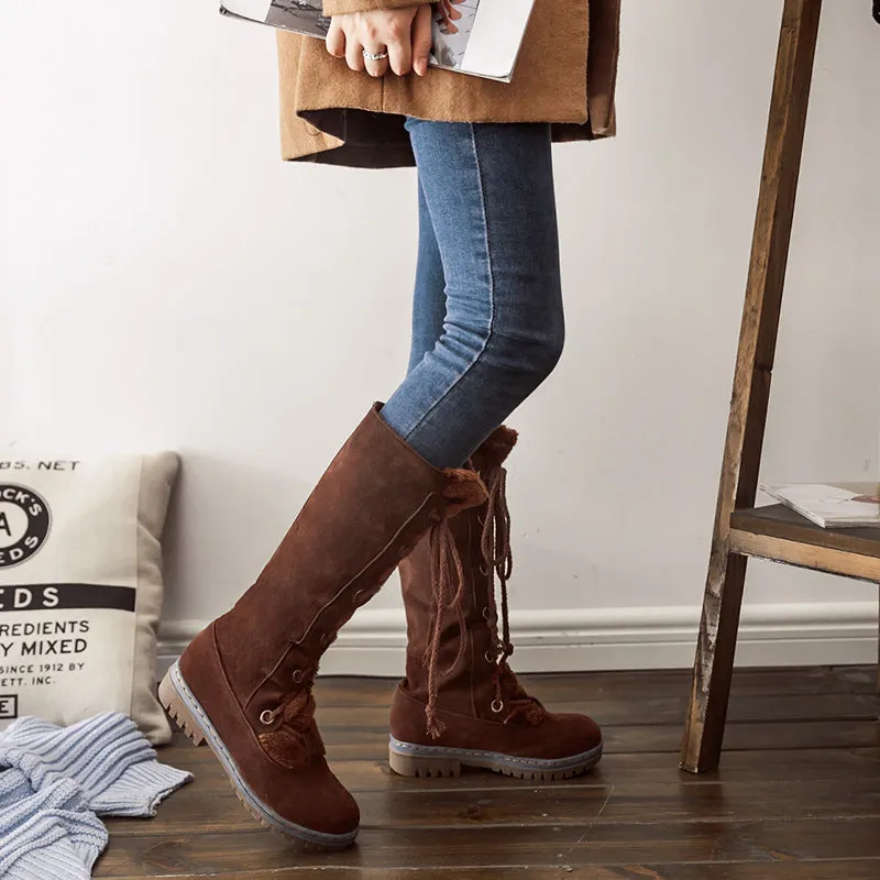 Large Size Stitching Mid Calf Comfortable Lace Up Zipper Winter Knight Boots