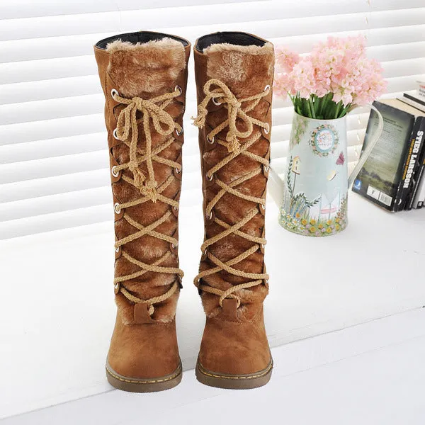 Large Size Stitching Mid Calf Comfortable Lace Up Zipper Winter Knight Boots