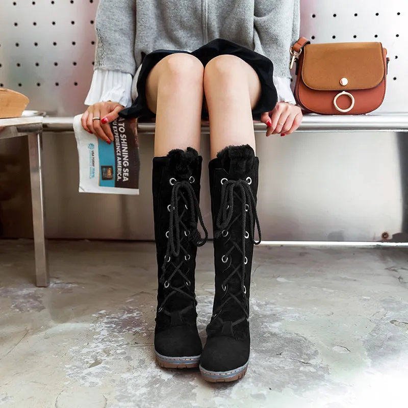 Large Size Stitching Mid Calf Comfortable Lace Up Zipper Winter Knight Boots