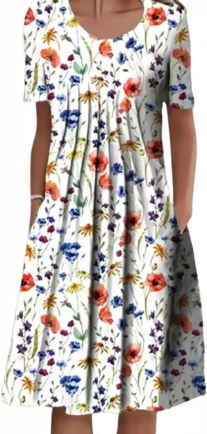 Mid Length Dress for Women Crewneck Floral Sun Dress 2025 Vintage Dresses Loose Fit Trendy Boho Dresses