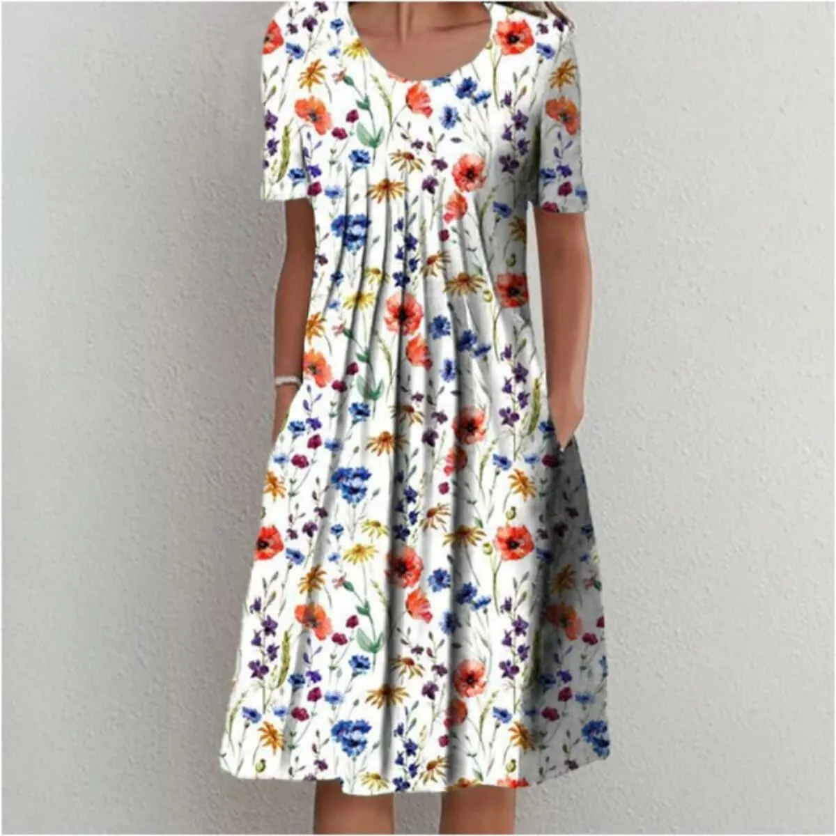 Mid Length Dress for Women Crewneck Floral Sun Dress 2025 Vintage Dresses Loose Fit Trendy Boho Dresses