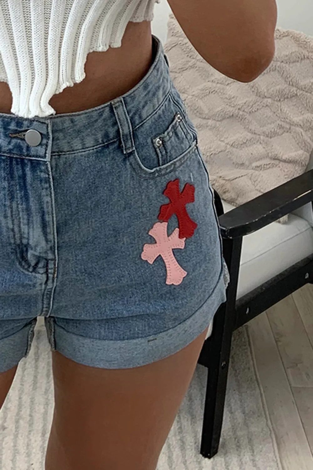 Nikki Blue Denim Gothic Cross Patch Denim Shorts