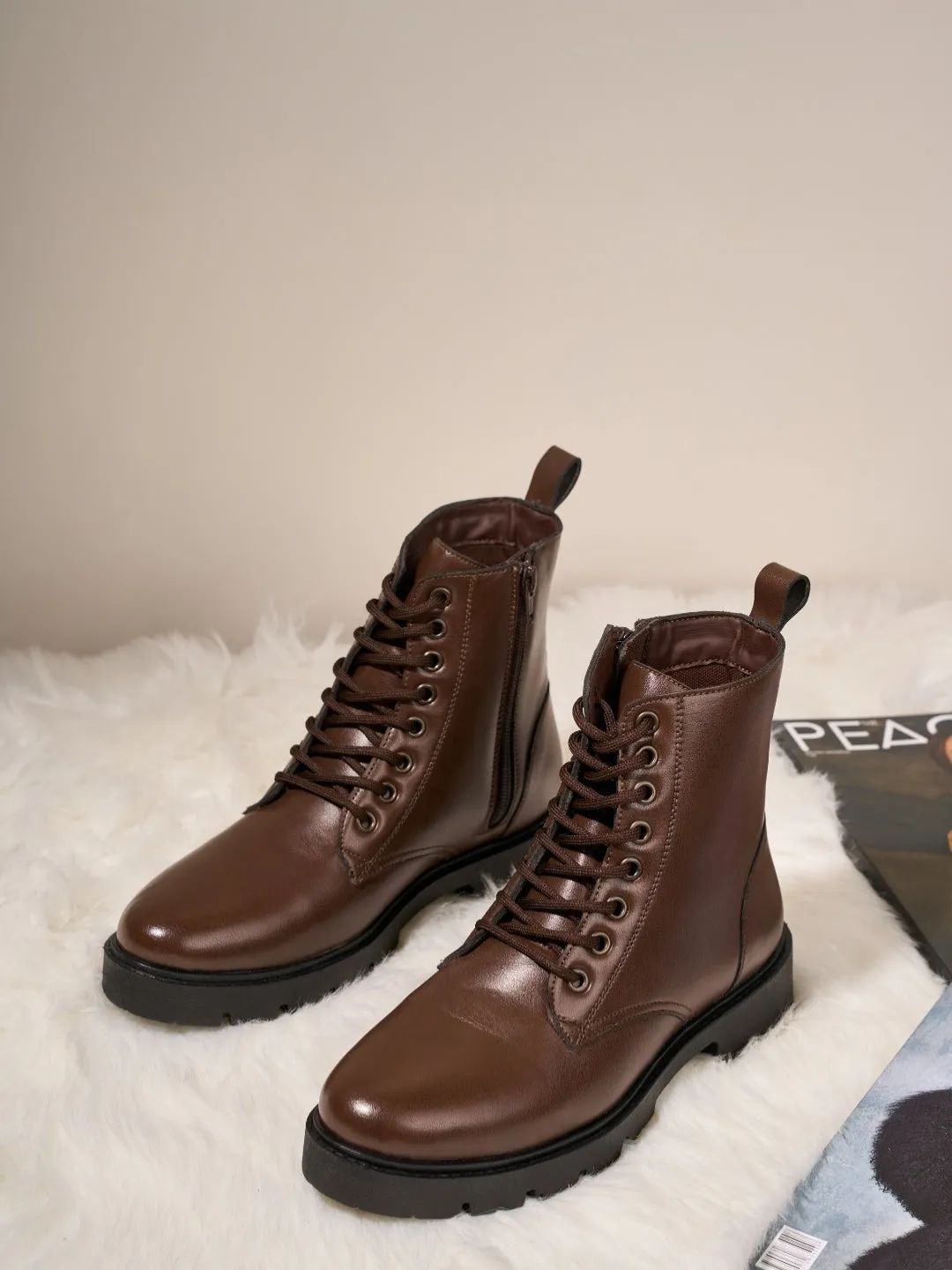 Women's Brown Lace Up Casual Boots (IU5007)