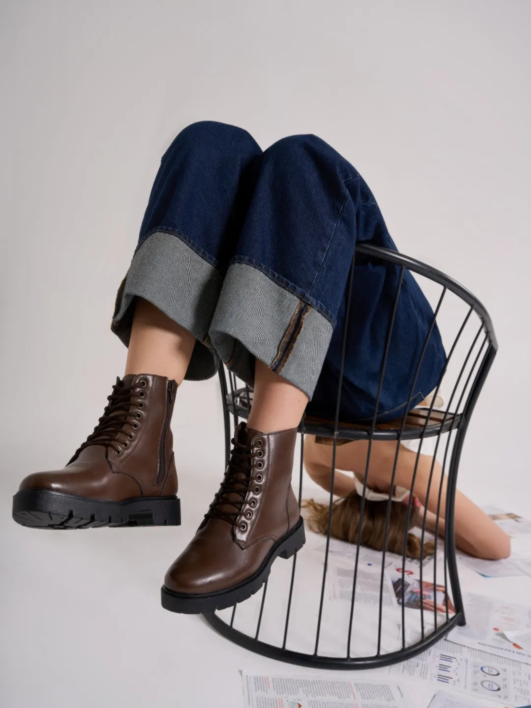 Women's Brown Lace Up Casual Boots (IU5007)